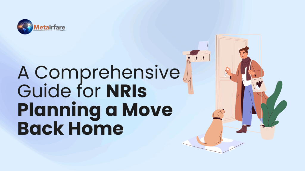 Illustration of an NRI returning home with luggage, greeted by a dog, symbolizing relocation and homecoming