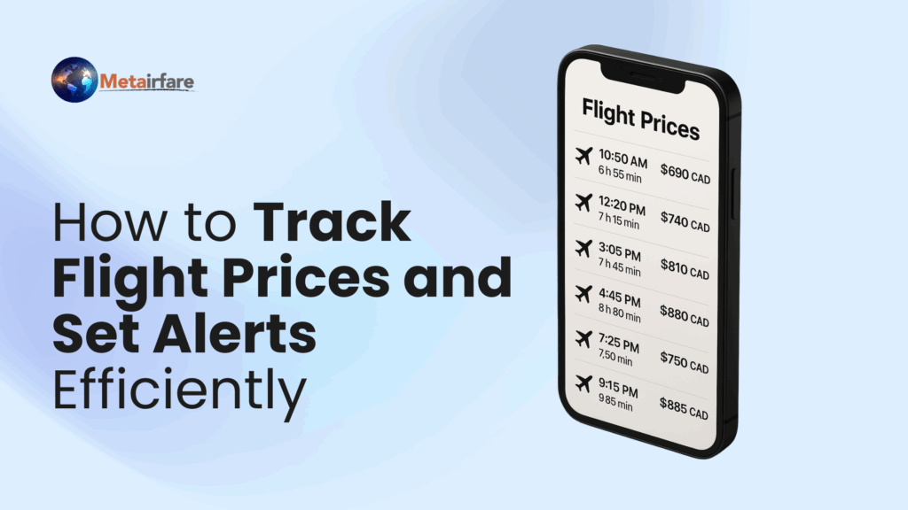 Phone displaying a list of flight prices with durations, highlighting flight tracking and alert features.